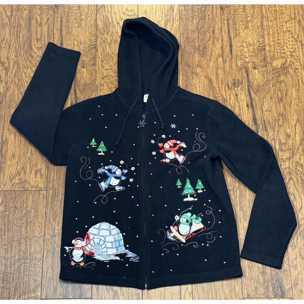 Essentials By Maggie Christmas Sweater Black Zip Up Hoodie - Women’s Size S